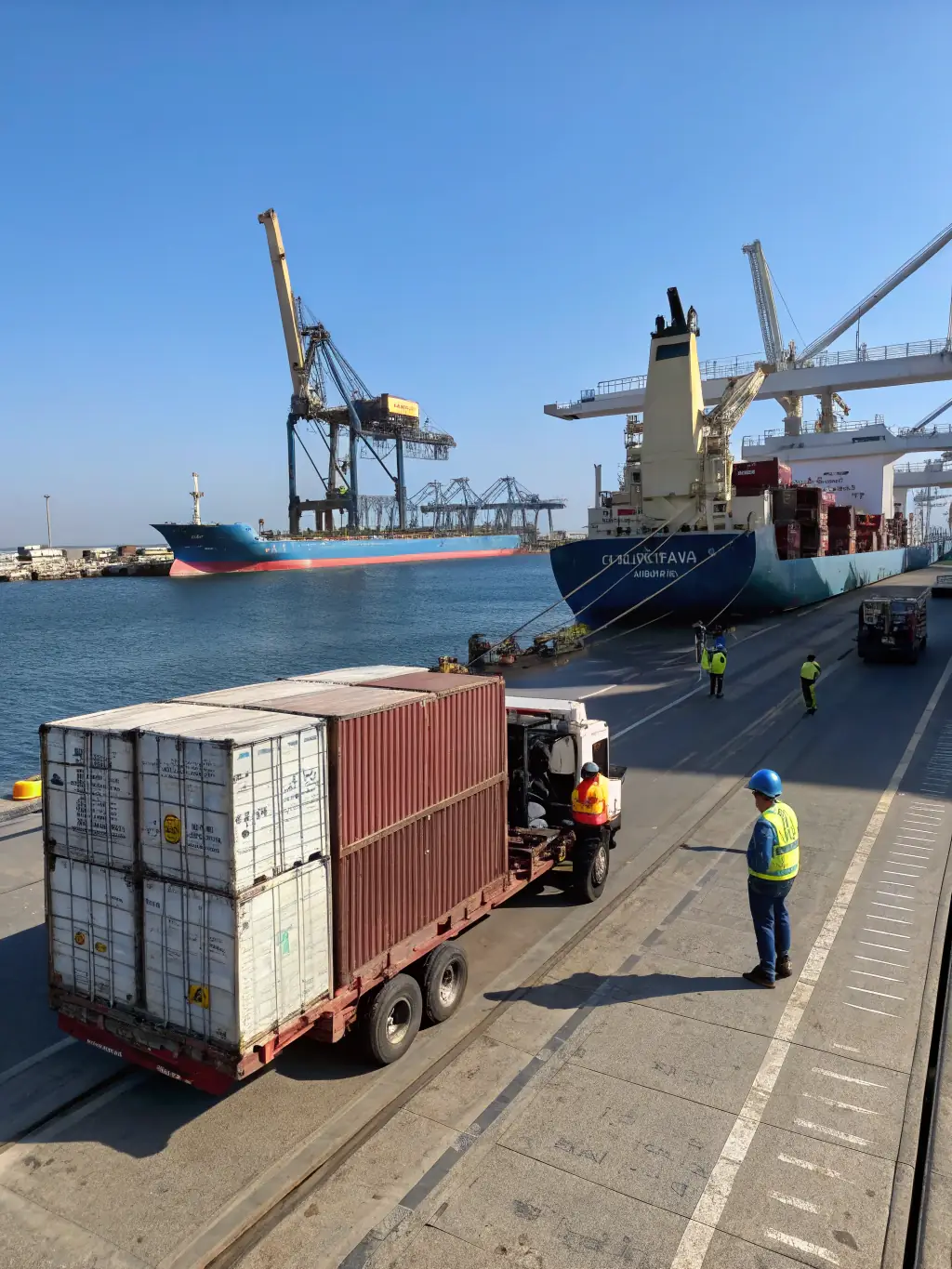 An image showcasing a cargo ship loaded with containers at a busy port, representing Oceania Shipping's freight forwarding services.
