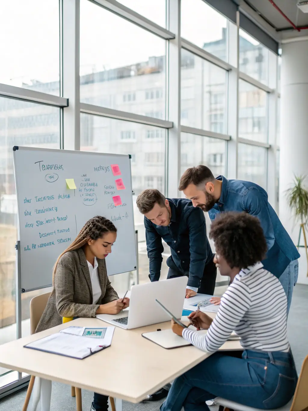 A diverse team of logistics experts collaborating in a modern office, representing Oceania Shipping's commitment to excellence and innovation.