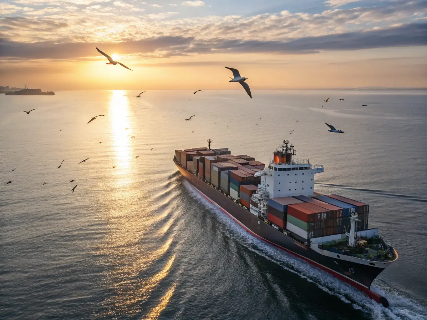 A modern cargo ship sailing on a calm sea at sunset, containers neatly stacked on deck, symbolizing efficient freight forwarding.